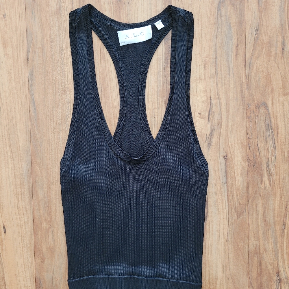 A.L.C. Dress Sz XS Black Maxi Long Racerback Stretch Rayon Knit Partially Lined - Picture 3 of 16